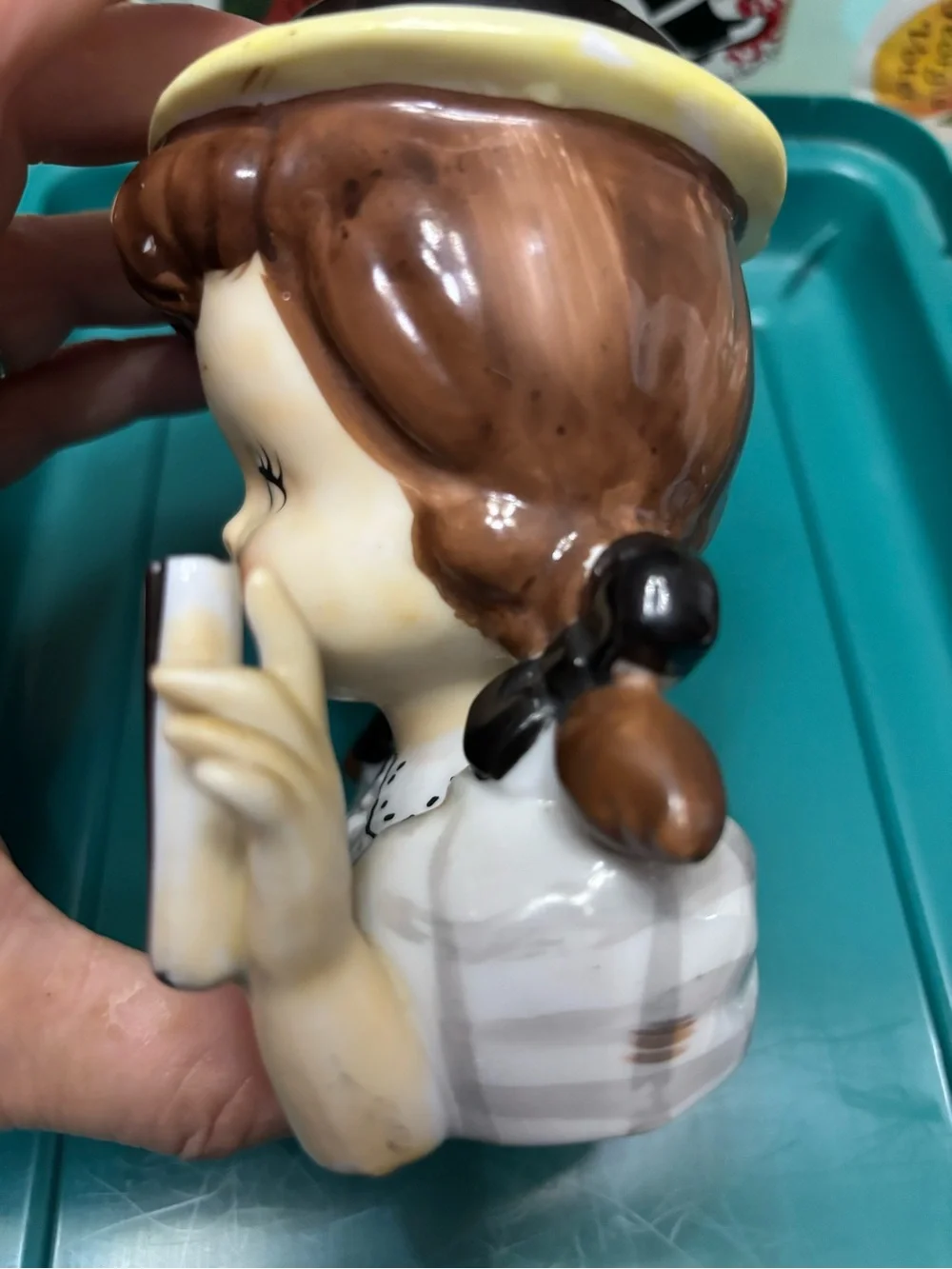 Napco Ceramic Girl vase in Gray/Cream check, Brown hair.